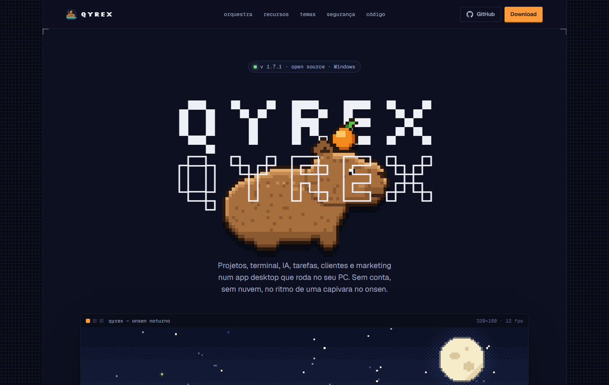 Prévia do site do Qyrex, com a capivara em pixel art